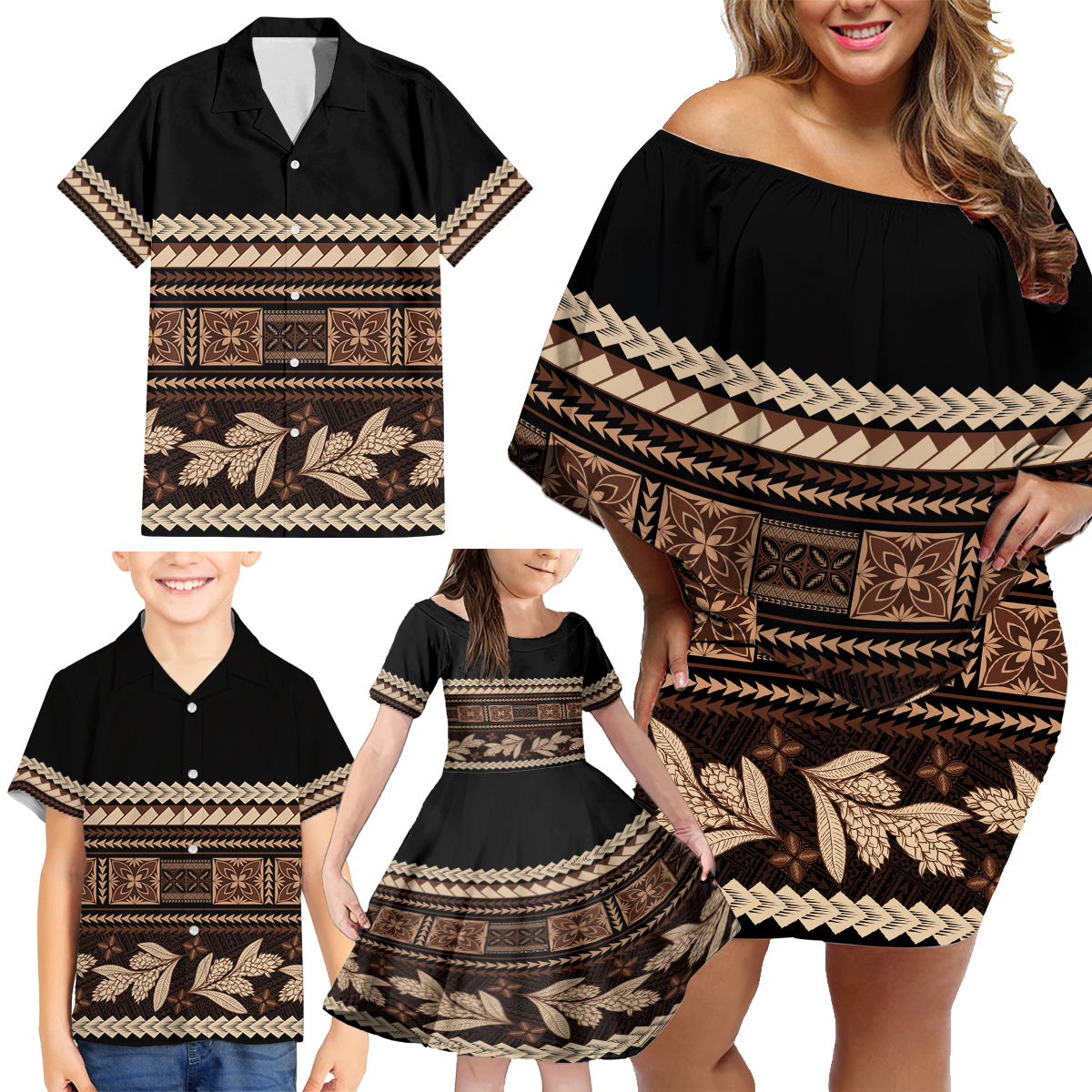 Black Samoa Siapo Teuila Flowers Family Matching Off Shoulder Short Dress and Hawaiian Shirt LT14 - Polynesian Pride