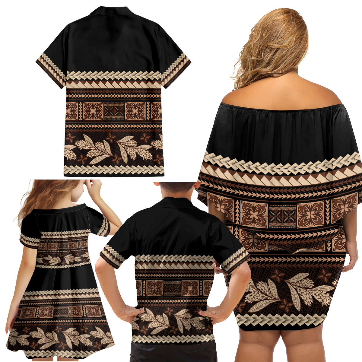 Black Samoa Siapo Teuila Flowers Family Matching Off Shoulder Short Dress and Hawaiian Shirt LT14 - Polynesian Pride