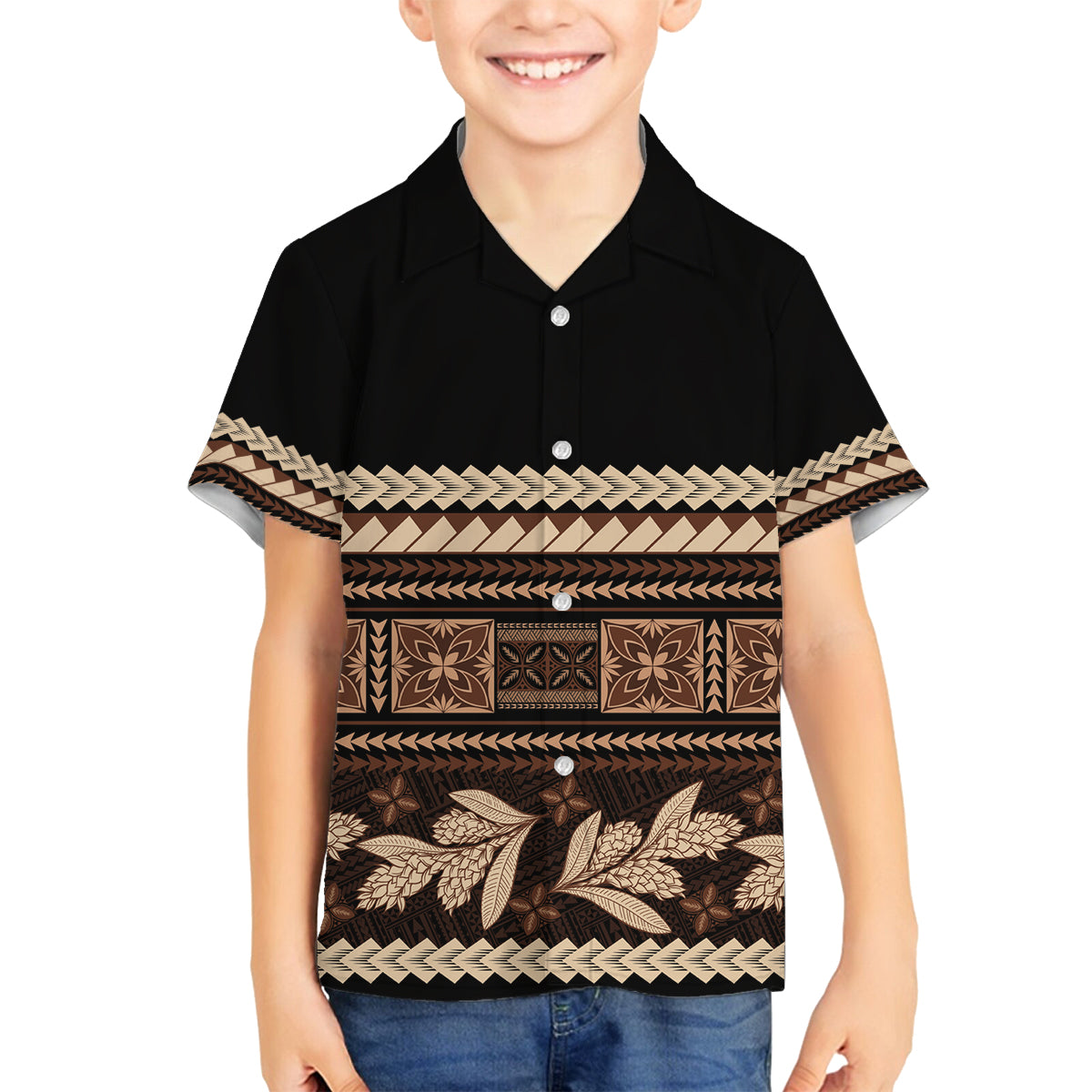 Black Samoa Siapo Teuila Flowers Family Matching Off Shoulder Short Dress and Hawaiian Shirt LT14 Son's Shirt Black - Polynesian Pride