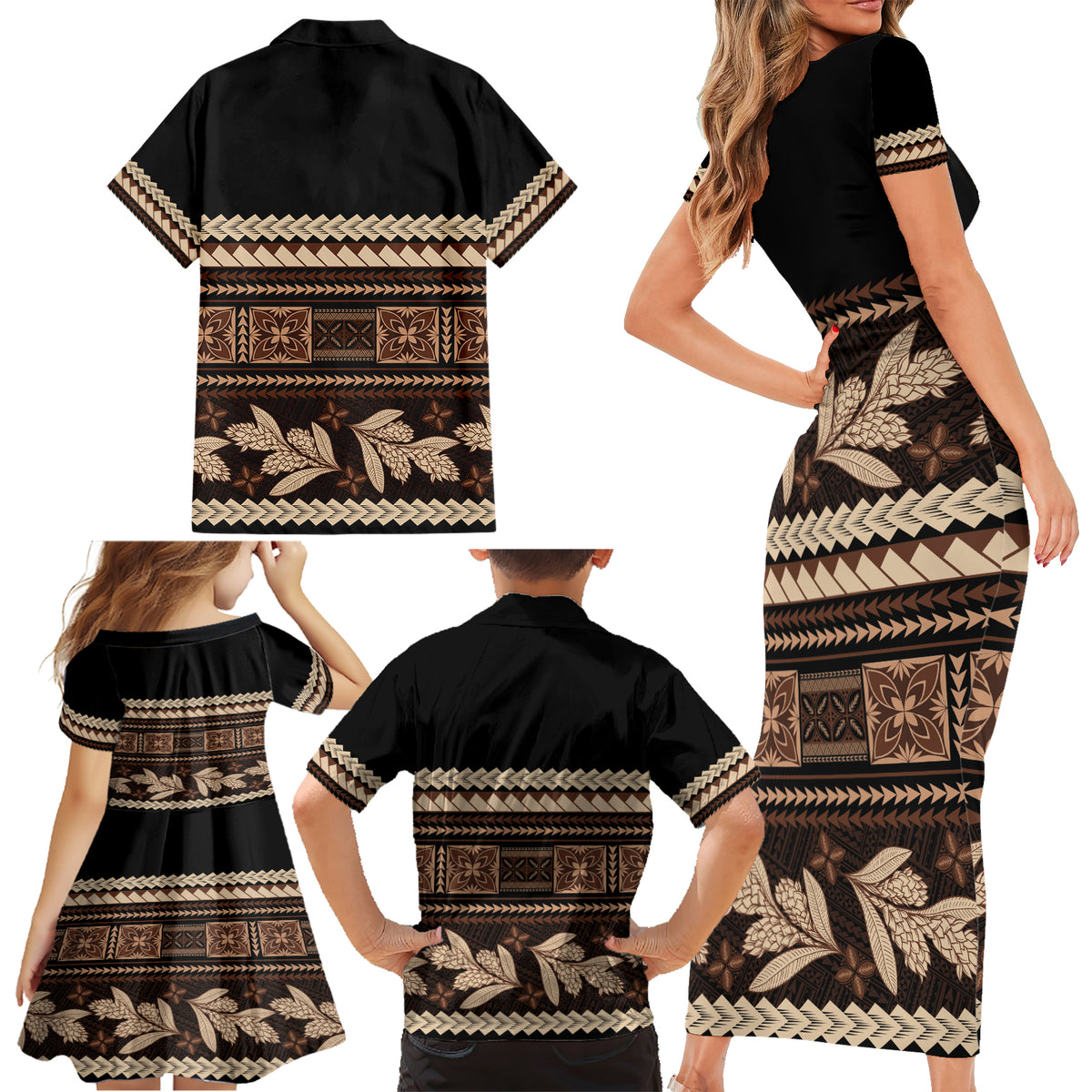 Black Samoa Siapo Teuila Flowers Family Matching Short Sleeve Bodycon Dress and Hawaiian Shirt LT14 - Polynesian Pride