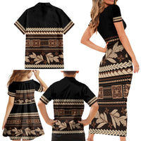 Black Samoa Siapo Teuila Flowers Family Matching Short Sleeve Bodycon Dress and Hawaiian Shirt LT14 - Polynesian Pride