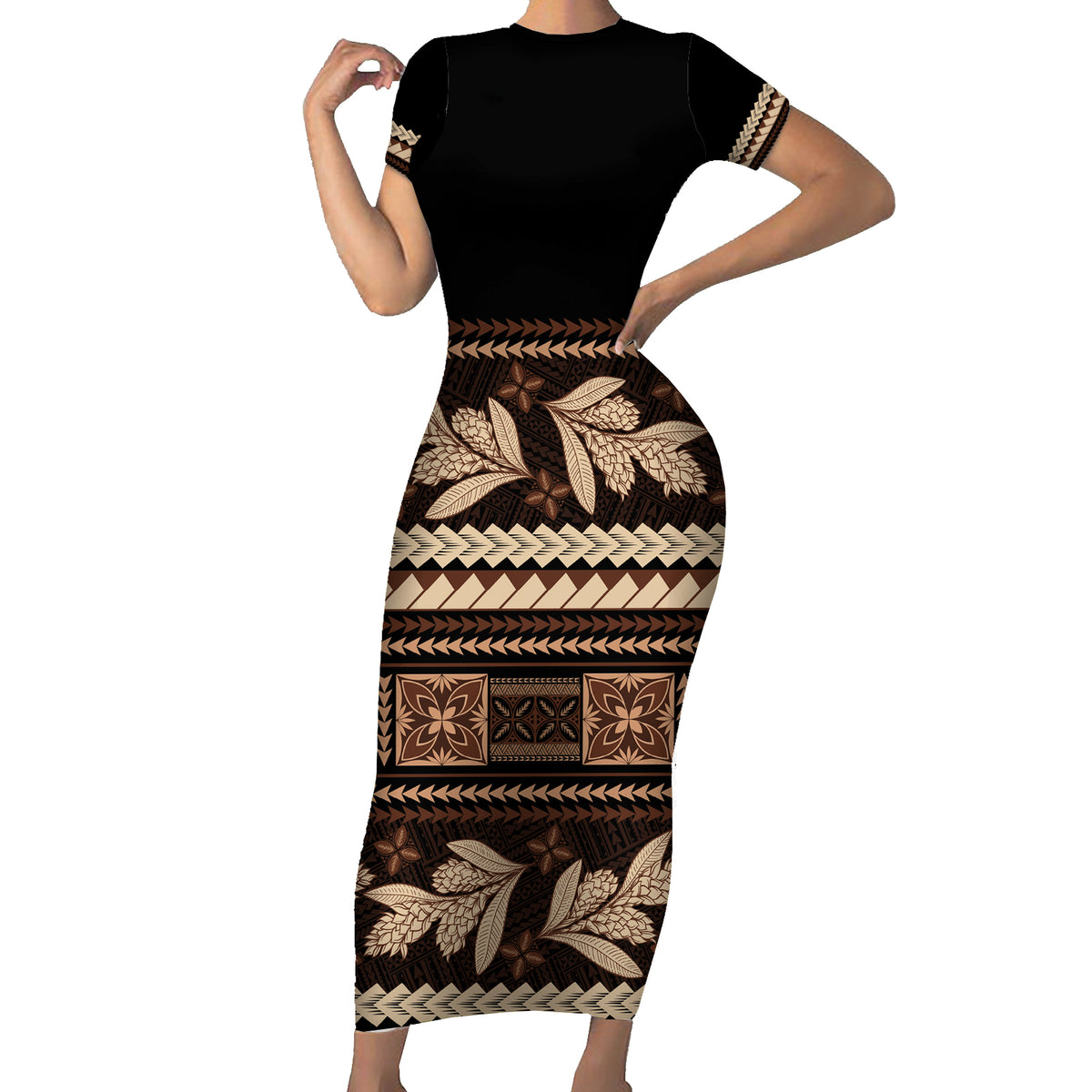 Black Samoa Siapo Teuila Flowers Family Matching Short Sleeve Bodycon Dress and Hawaiian Shirt LT14 Mom's Dress Black - Polynesian Pride
