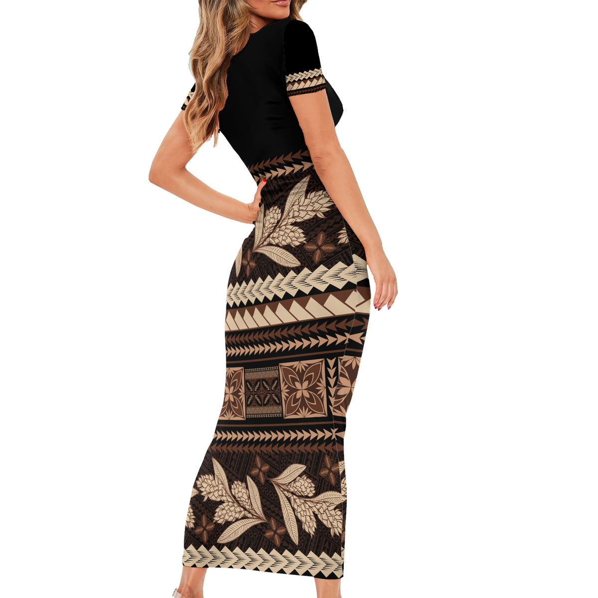 Black Samoa Siapo Teuila Flowers Family Matching Short Sleeve Bodycon Dress and Hawaiian Shirt LT14 - Polynesian Pride