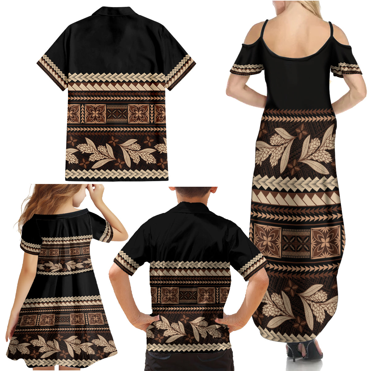Black Samoa Siapo Teuila Flowers Family Matching Summer Maxi Dress and Hawaiian Shirt LT14 - Polynesian Pride
