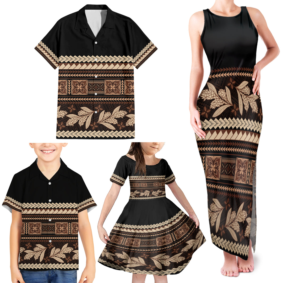 Black Samoa Siapo Teuila Flowers Family Matching Tank Maxi Dress and Hawaiian Shirt LT14 - Polynesian Pride