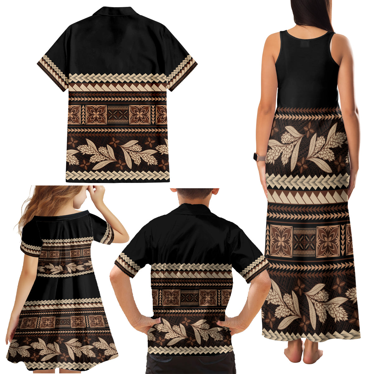 Black Samoa Siapo Teuila Flowers Family Matching Tank Maxi Dress and Hawaiian Shirt LT14 - Polynesian Pride
