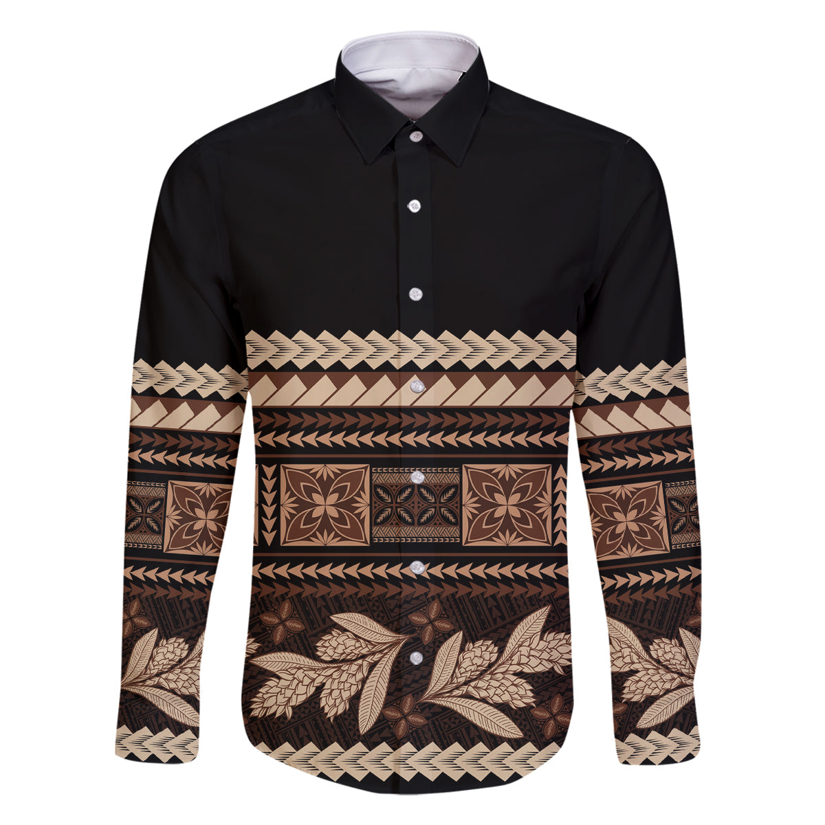 Black Samoa Siapo Teuila Flowers Family Matching Tank Maxi Dress and Hawaiian Shirt LT14 Dad's Shirt - Long Sleeve Black - Polynesian Pride