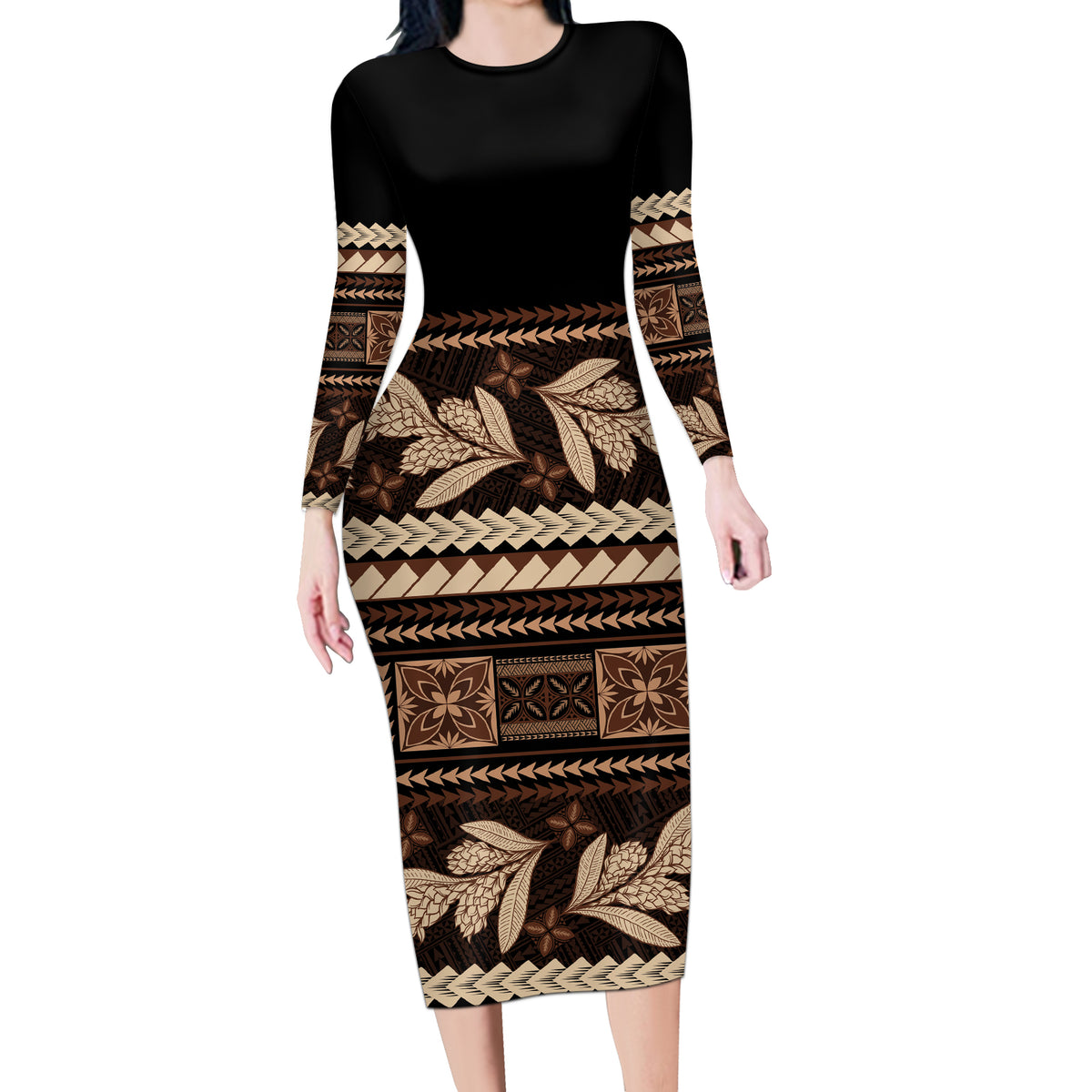Black Samoa Siapo Teuila Flowers Long Sleeve Bodycon Dress LT14 Long Dress Black - Polynesian Pride
