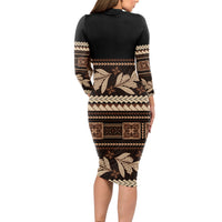 Black Samoa Siapo Teuila Flowers Long Sleeve Bodycon Dress LT14 - Polynesian Pride