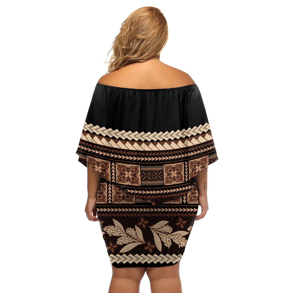 Black Samoa Siapo Teuila Flowers Off Shoulder Short Dress