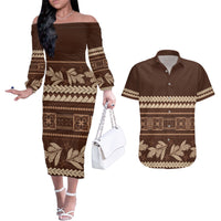 Brown Samoa Siapo Teuila Flowers Couples Matching Off The Shoulder Long Sleeve Dress and Hawaiian Shirt LT14 Brown - Polynesian Pride