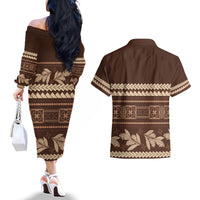 Brown Samoa Siapo Teuila Flowers Couples Matching Off The Shoulder Long Sleeve Dress and Hawaiian Shirt LT14 - Polynesian Pride