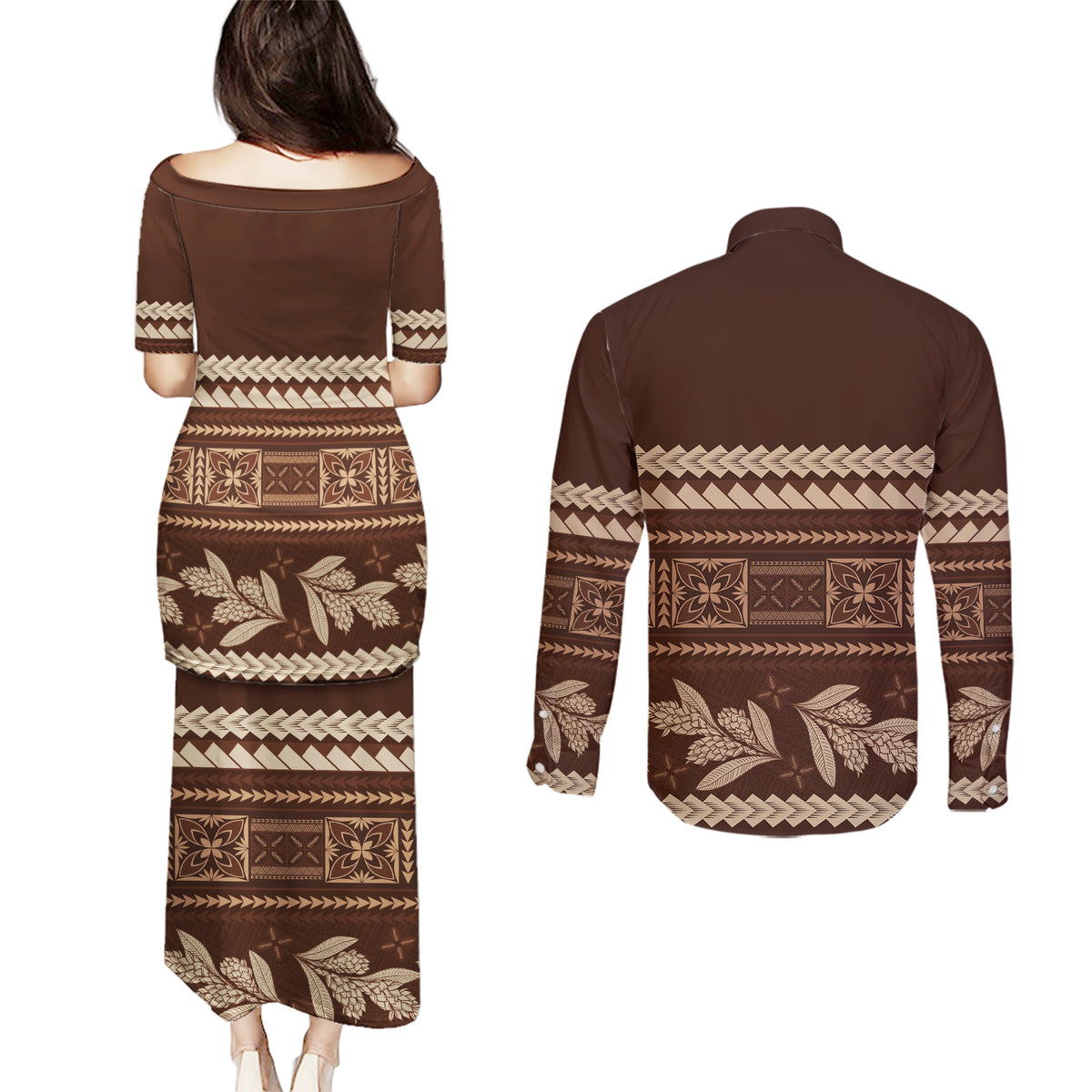 Brown Samoa Siapo Teuila Flowers Couples Matching Puletasi and Long Sleeve Button Shirt