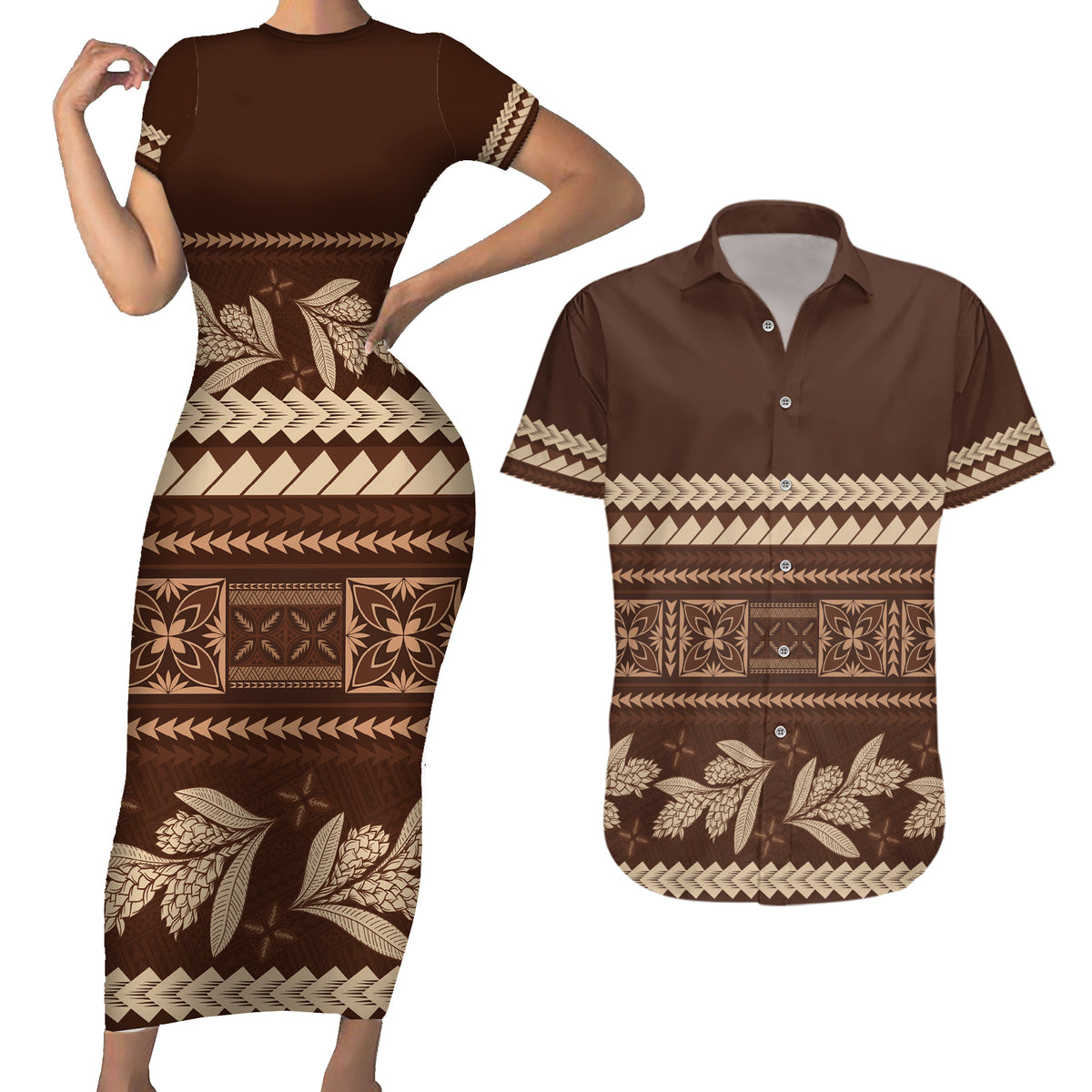 Brown Samoa Siapo Teuila Flowers Couples Matching Short Sleeve Bodycon Dress and Hawaiian Shirt LT14 Brown - Polynesian Pride