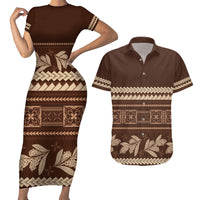 Brown Samoa Siapo Teuila Flowers Couples Matching Short Sleeve Bodycon Dress and Hawaiian Shirt LT14 Brown - Polynesian Pride