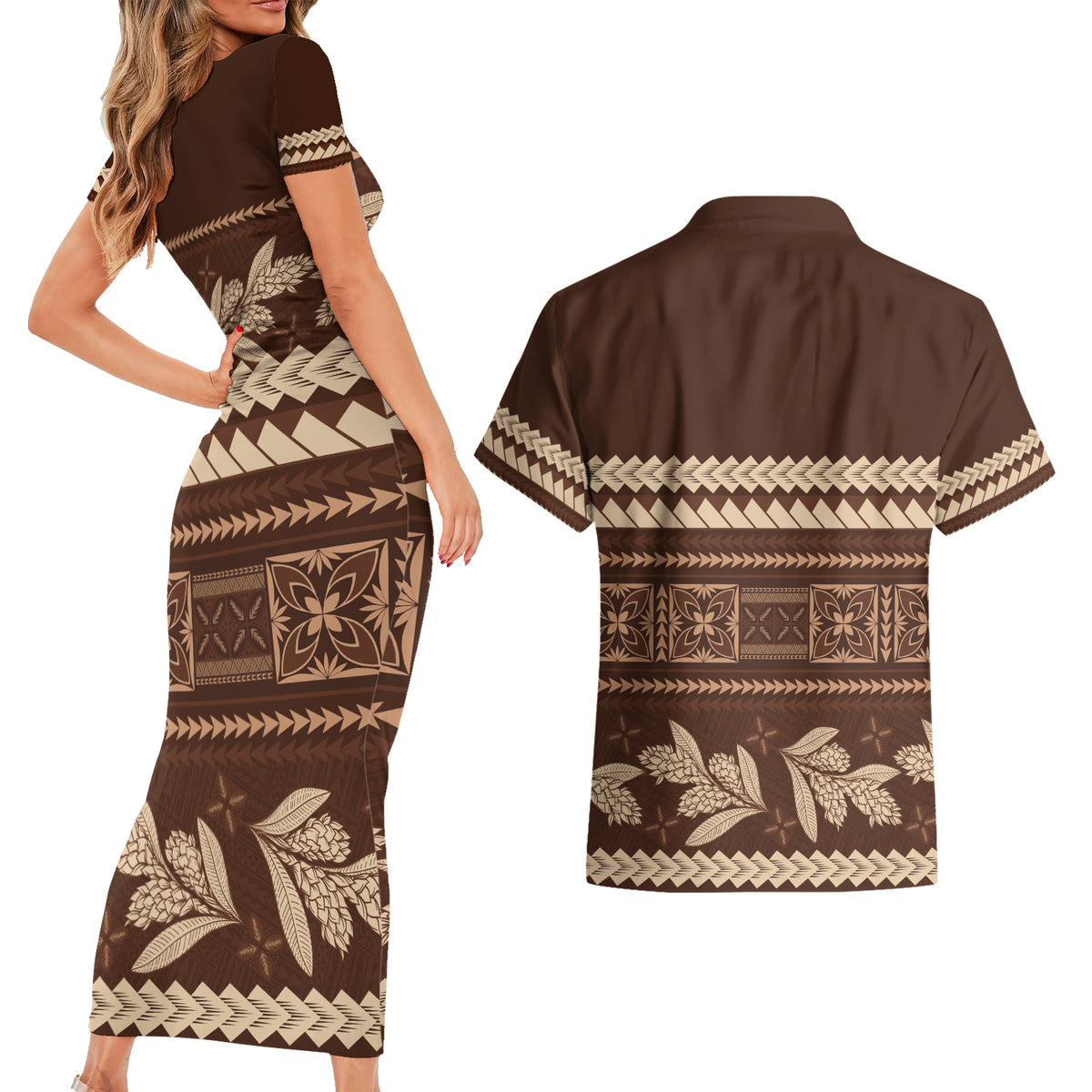 Brown Samoa Siapo Teuila Flowers Couples Matching Short Sleeve Bodycon Dress and Hawaiian Shirt LT14 - Polynesian Pride