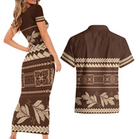 Brown Samoa Siapo Teuila Flowers Couples Matching Short Sleeve Bodycon Dress and Hawaiian Shirt LT14 - Polynesian Pride