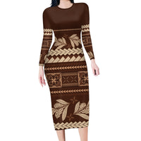 Brown Samoa Siapo Teuila Flowers Family Matching Long Sleeve Bodycon Dress and Hawaiian Shirt LT14 Mom's Dress Brown - Polynesian Pride