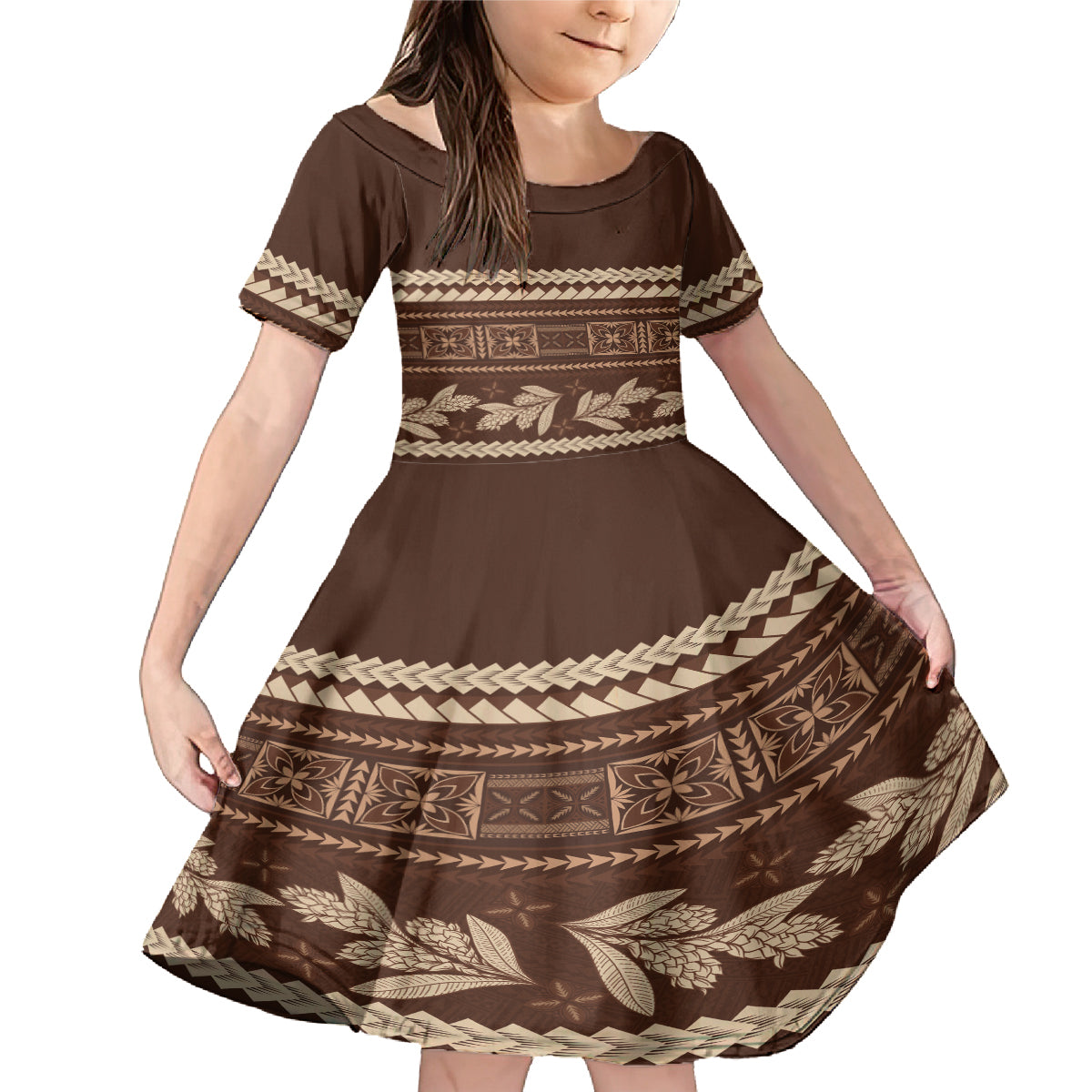 Brown Samoa Siapo Teuila Flowers Family Matching Mermaid Dress and Hawaiian Shirt LT14 Daughter's Dress Brown - Polynesian Pride