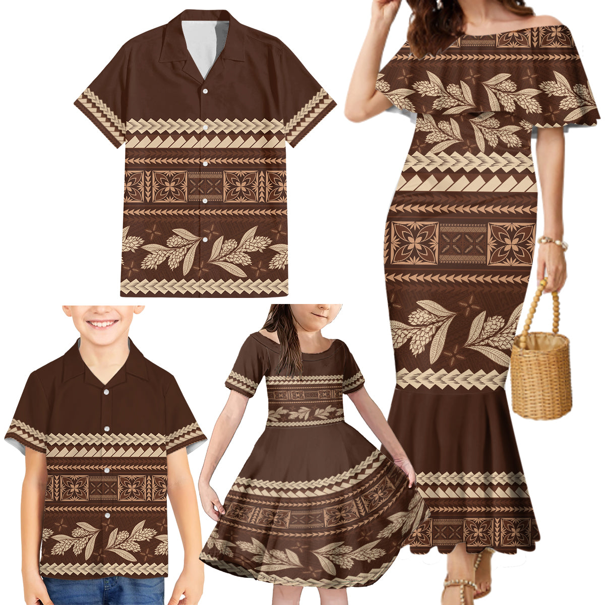 Brown Samoa Siapo Teuila Flowers Family Matching Mermaid Dress and Hawaiian Shirt LT14 - Polynesian Pride