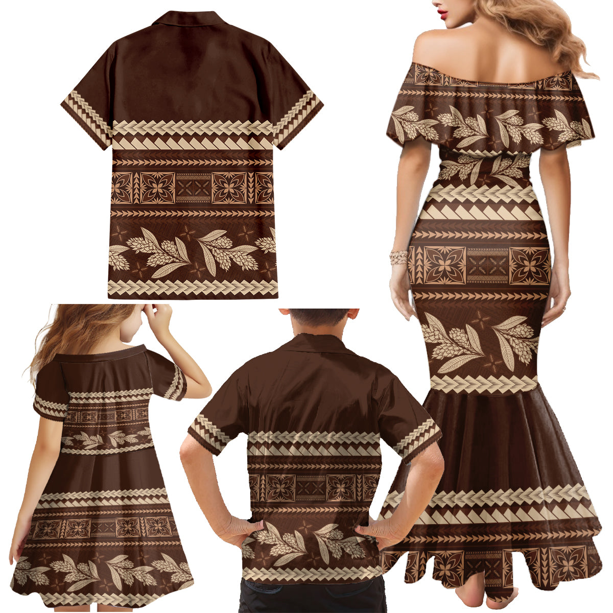 Brown Samoa Siapo Teuila Flowers Family Matching Mermaid Dress and Hawaiian Shirt LT14 - Polynesian Pride