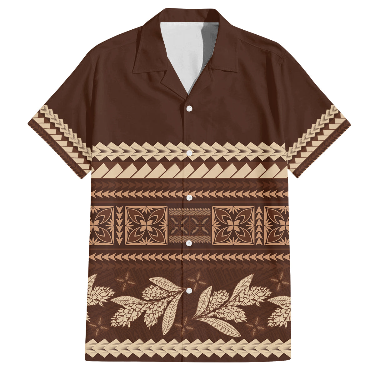 Brown Samoa Siapo Teuila Flowers Family Matching Off The Shoulder Long Sleeve Dress and Hawaiian Shirt LT14 Dad's Shirt - Short Sleeve Brown - Polynesian Pride