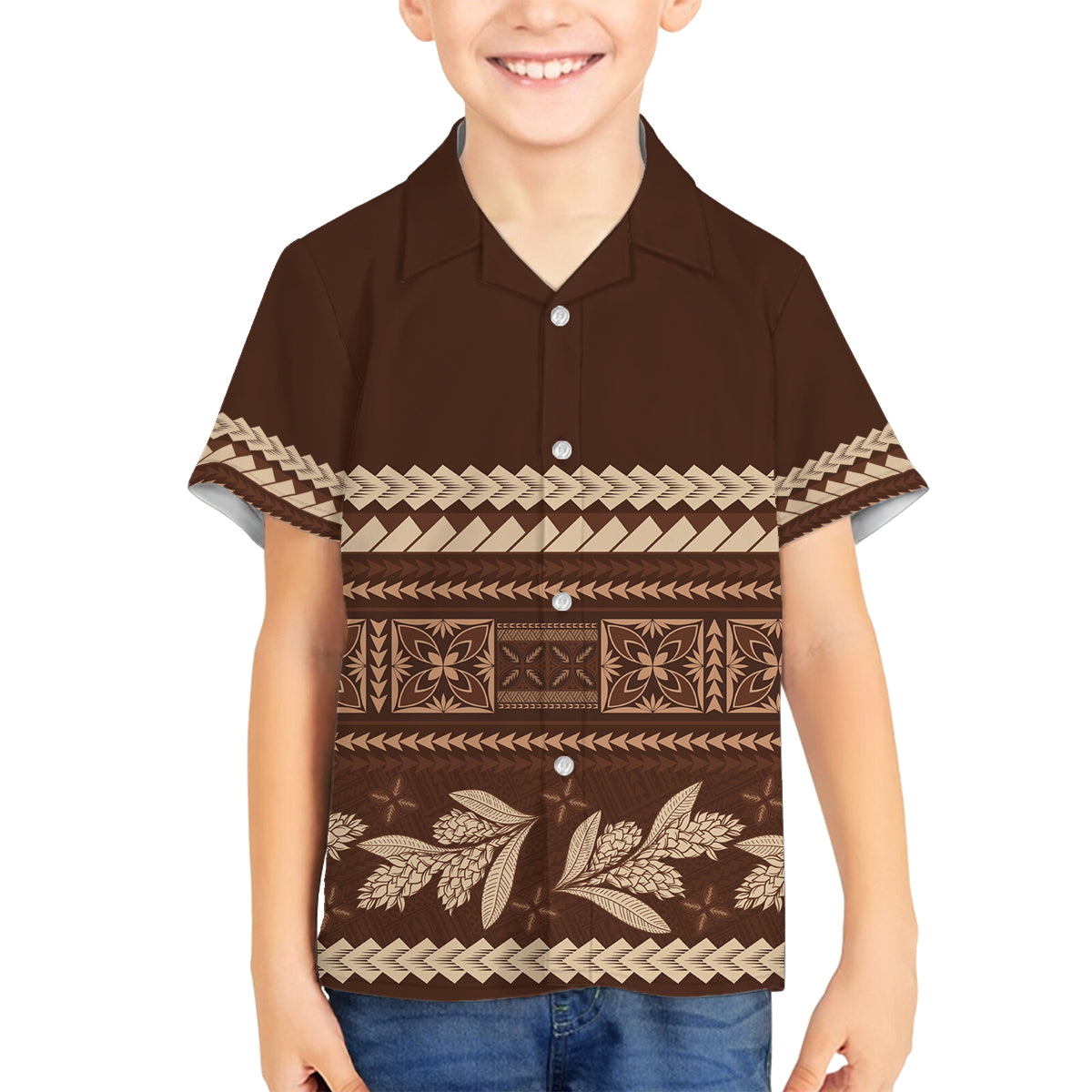 Brown Samoa Siapo Teuila Flowers Family Matching Off The Shoulder Long Sleeve Dress and Hawaiian Shirt LT14 Son's Shirt Brown - Polynesian Pride