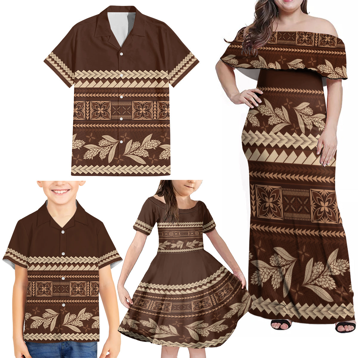 Brown Samoa Siapo Teuila Flowers Family Matching Off Shoulder Maxi Dress and Hawaiian Shirt LT14 - Polynesian Pride