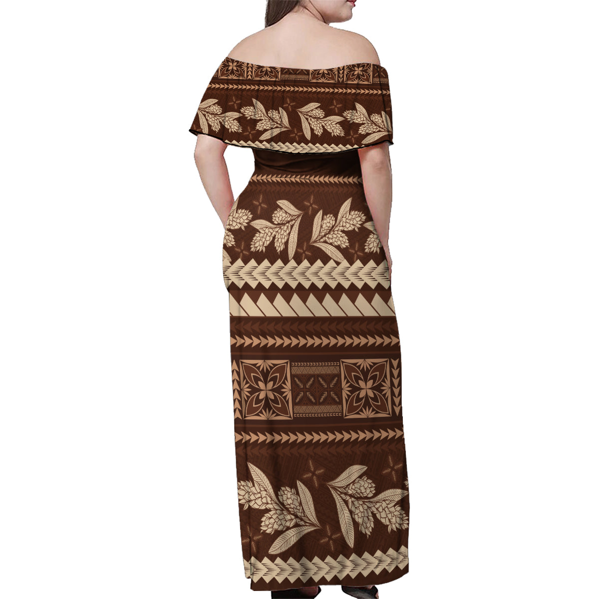 Brown Samoa Siapo Teuila Flowers Family Matching Off Shoulder Maxi Dress and Hawaiian Shirt LT14 - Polynesian Pride