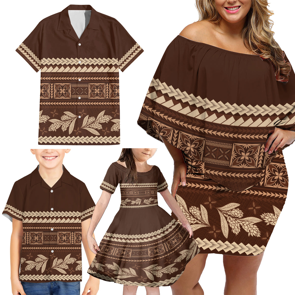 Brown Samoa Siapo Teuila Flowers Family Matching Off Shoulder Short Dress and Hawaiian Shirt LT14 - Polynesian Pride