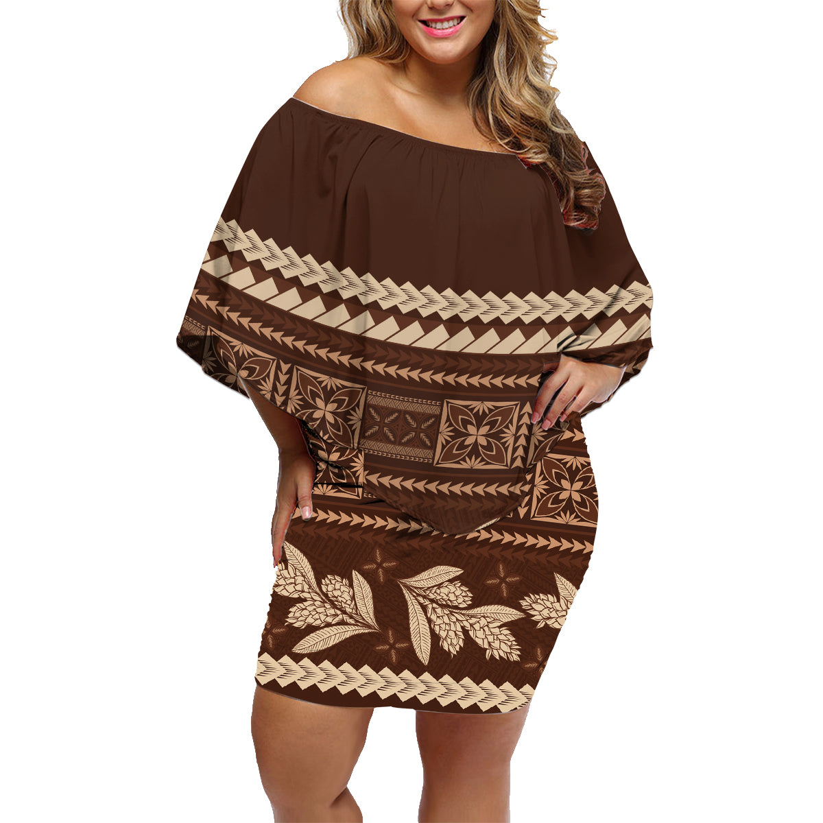 Brown Samoa Siapo Teuila Flowers Family Matching Off Shoulder Short Dress and Hawaiian Shirt LT14 Mom's Dress Brown - Polynesian Pride