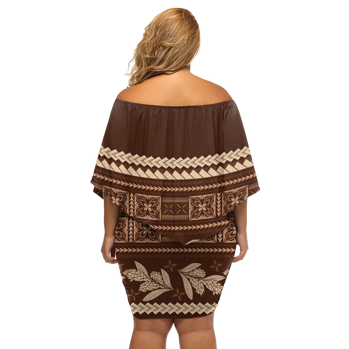Brown Samoa Siapo Teuila Flowers Family Matching Off Shoulder Short Dress and Hawaiian Shirt LT14 - Polynesian Pride