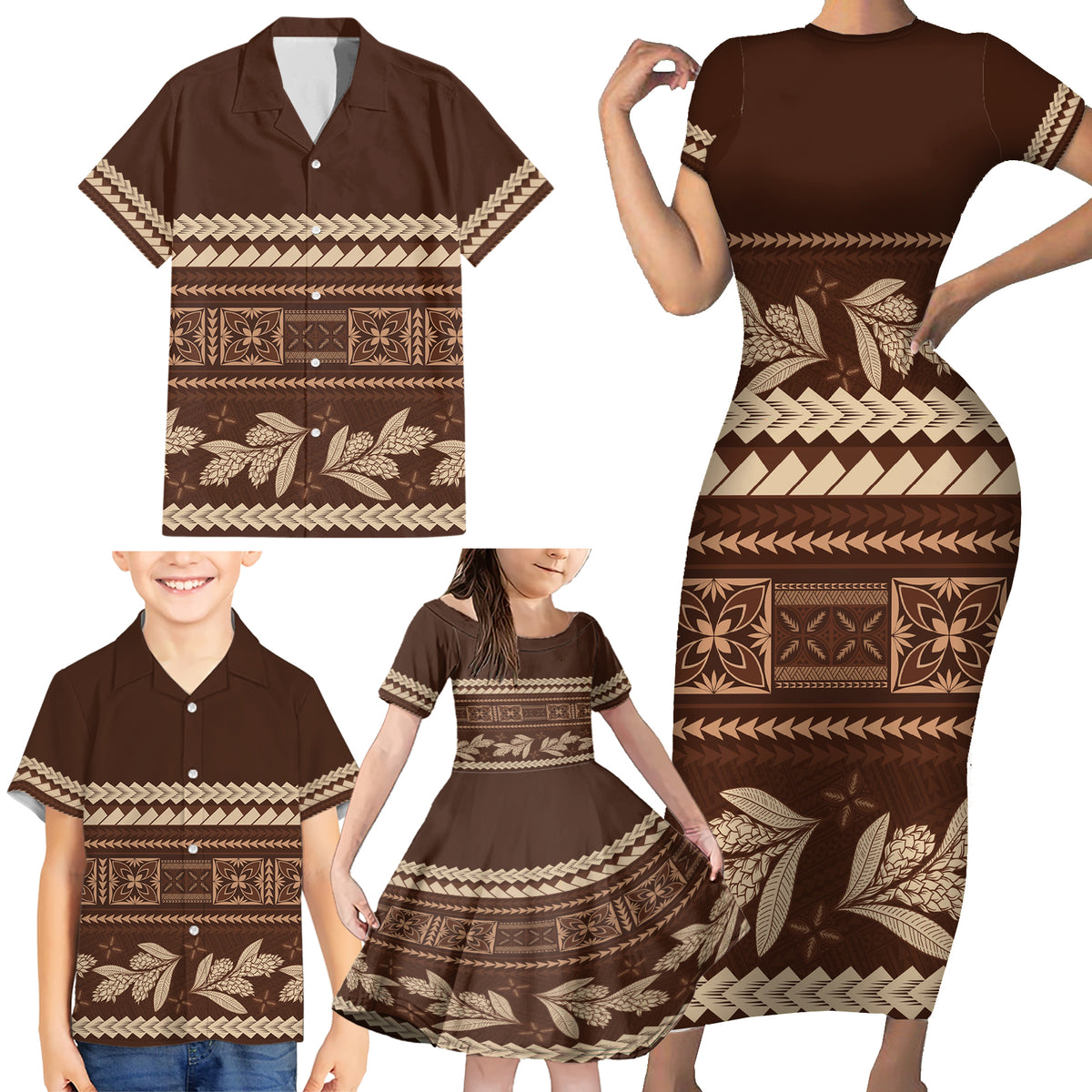 Brown Samoa Siapo Teuila Flowers Family Matching Short Sleeve Bodycon Dress and Hawaiian Shirt LT14 - Polynesian Pride