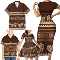 Brown Samoa Siapo Teuila Flowers Family Matching Short Sleeve Bodycon Dress and Hawaiian Shirt LT14 - Polynesian Pride