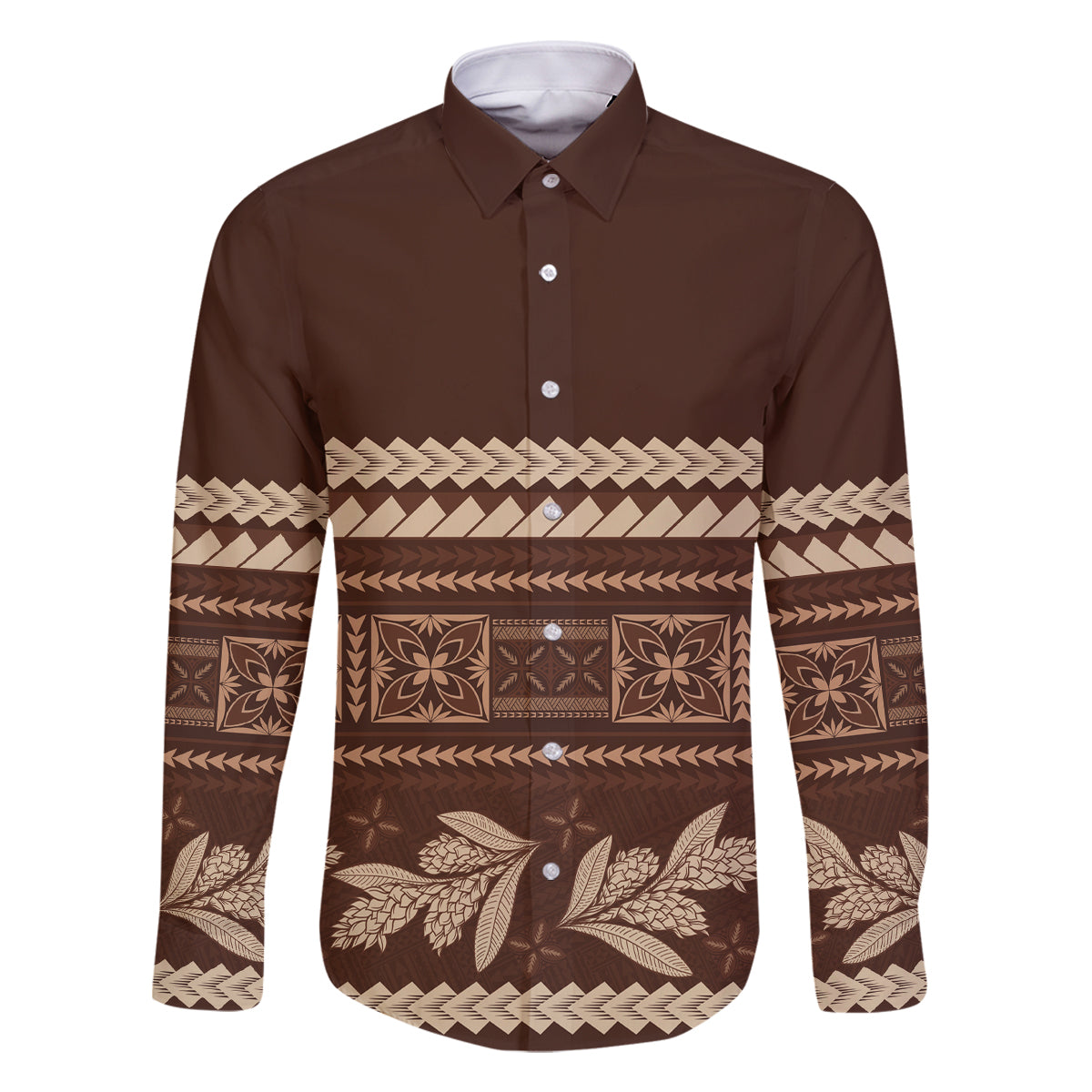Brown Samoa Siapo Teuila Flowers Family Matching Summer Maxi Dress and Hawaiian Shirt LT14 Dad's Shirt - Long Sleeve Brown - Polynesian Pride