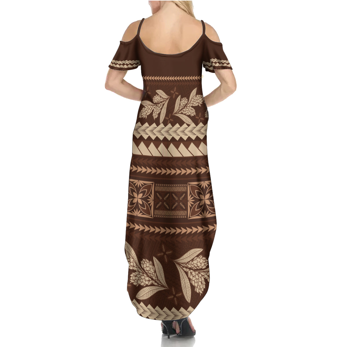 Brown Samoa Siapo Teuila Flowers Family Matching Summer Maxi Dress and Hawaiian Shirt LT14 - Polynesian Pride