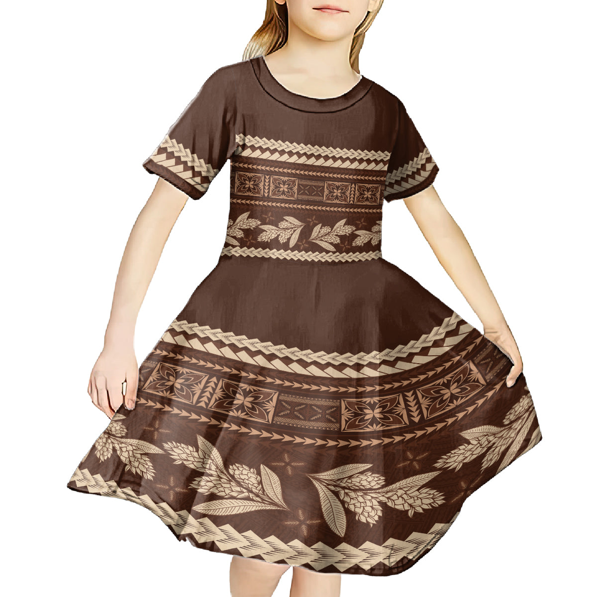 Brown Samoa Siapo Teuila Flowers Kid Short Sleeve Dress LT14 - Polynesian Pride