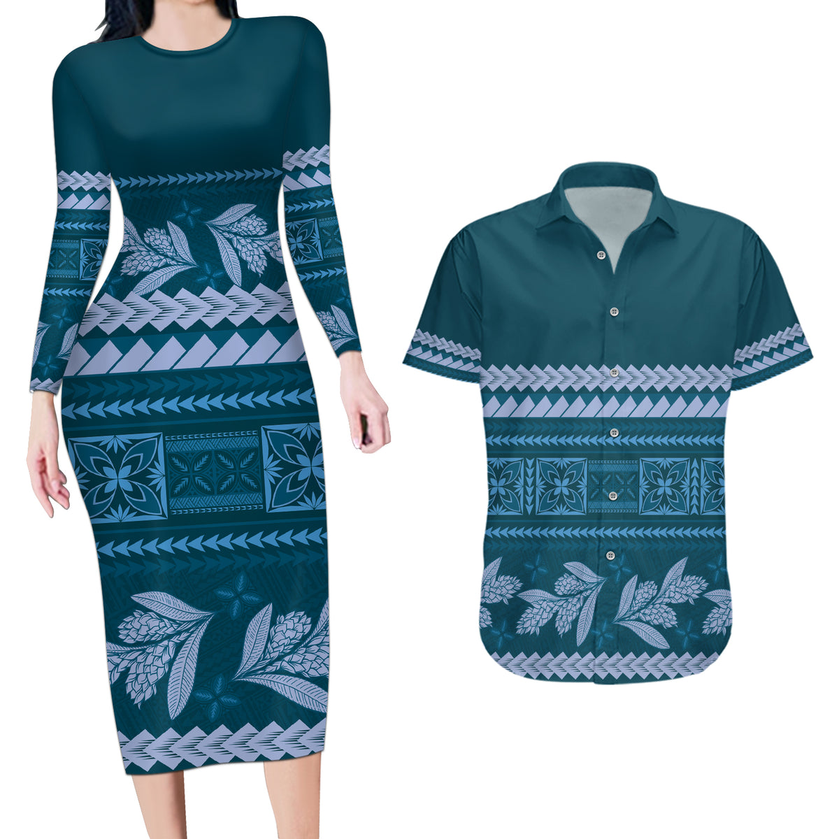 Dark Cyan Samoa Siapo Teuila Flowers Couples Matching Long Sleeve Bodycon Dress and Hawaiian Shirt LT14 Dark Cyan - Polynesian Pride