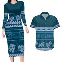Dark Cyan Samoa Siapo Teuila Flowers Couples Matching Long Sleeve Bodycon Dress and Hawaiian Shirt LT14 Dark Cyan - Polynesian Pride