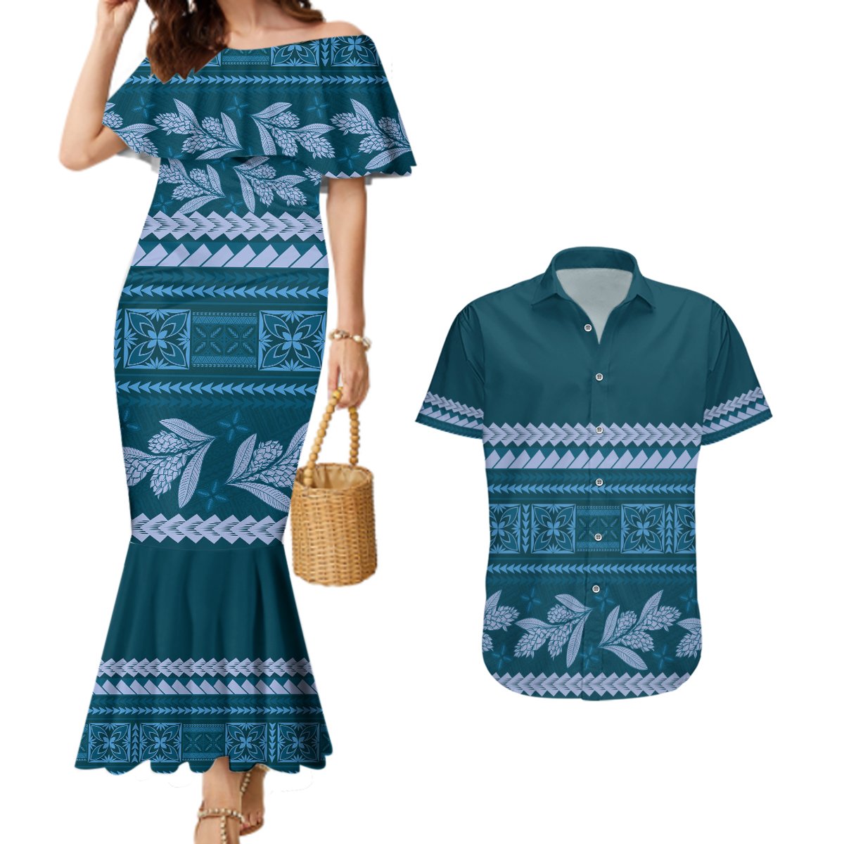 Dark Cyan Samoa Siapo Teuila Flowers Couples Matching Mermaid Dress and Hawaiian Shirt LT14 Dark Cyan - Polynesian Pride