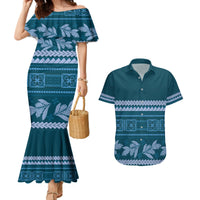 Dark Cyan Samoa Siapo Teuila Flowers Couples Matching Mermaid Dress and Hawaiian Shirt LT14 Dark Cyan - Polynesian Pride