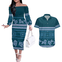 Dark Cyan Samoa Siapo Teuila Flowers Couples Matching Off The Shoulder Long Sleeve Dress and Hawaiian Shirt LT14 Dark Cyan - Polynesian Pride