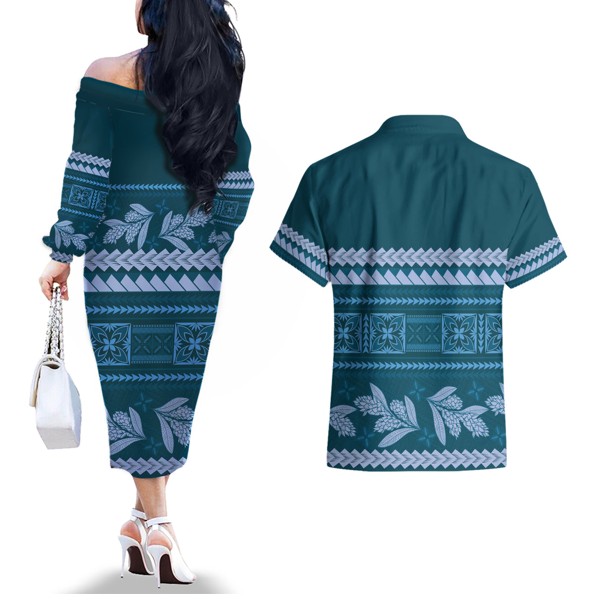 Dark Cyan Samoa Siapo Teuila Flowers Couples Matching Off The Shoulder Long Sleeve Dress and Hawaiian Shirt LT14 - Polynesian Pride