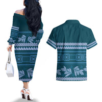 Dark Cyan Samoa Siapo Teuila Flowers Couples Matching Off The Shoulder Long Sleeve Dress and Hawaiian Shirt LT14 - Polynesian Pride