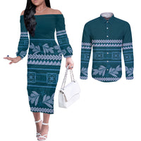 Dark Cyan Samoa Siapo Teuila Flowers Couples Matching Off The Shoulder Long Sleeve Dress and Long Sleeve Button Shirt LT14 Dark Cyan - Polynesian Pride