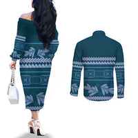 Dark Cyan Samoa Siapo Teuila Flowers Couples Matching Off The Shoulder Long Sleeve Dress and Long Sleeve Button Shirt LT14 - Polynesian Pride