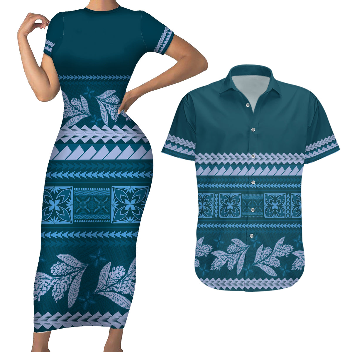 Dark Cyan Samoa Siapo Teuila Flowers Couples Matching Short Sleeve Bodycon Dress and Hawaiian Shirt LT14 Dark Cyan - Polynesian Pride