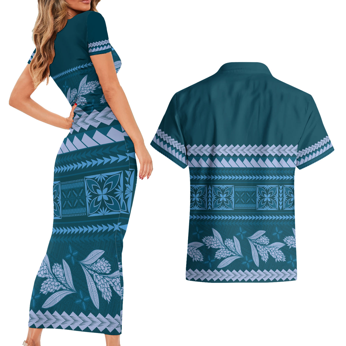 Dark Cyan Samoa Siapo Teuila Flowers Couples Matching Short Sleeve Bodycon Dress and Hawaiian Shirt LT14 - Polynesian Pride