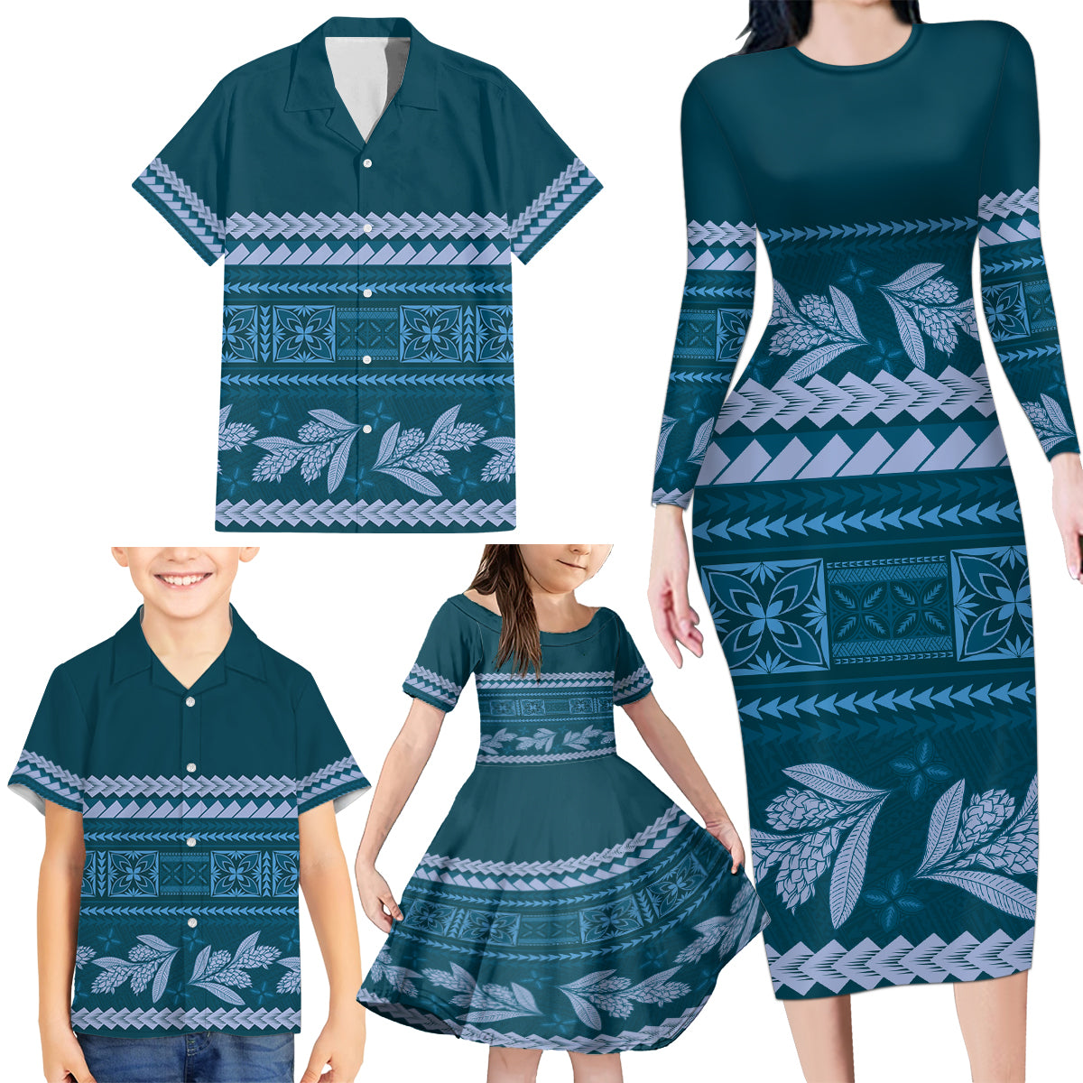 Dark Cyan Samoa Siapo Teuila Flowers Family Matching Long Sleeve Bodycon Dress and Hawaiian Shirt LT14 - Polynesian Pride