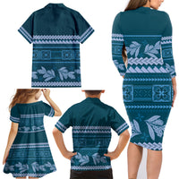 Dark Cyan Samoa Siapo Teuila Flowers Family Matching Long Sleeve Bodycon Dress and Hawaiian Shirt LT14 - Polynesian Pride